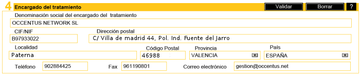 Datos a para incluir a Occentus Network como su encargado de tratamiento